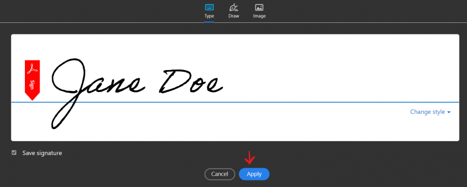 Adobe Acrobat Reader type signature
